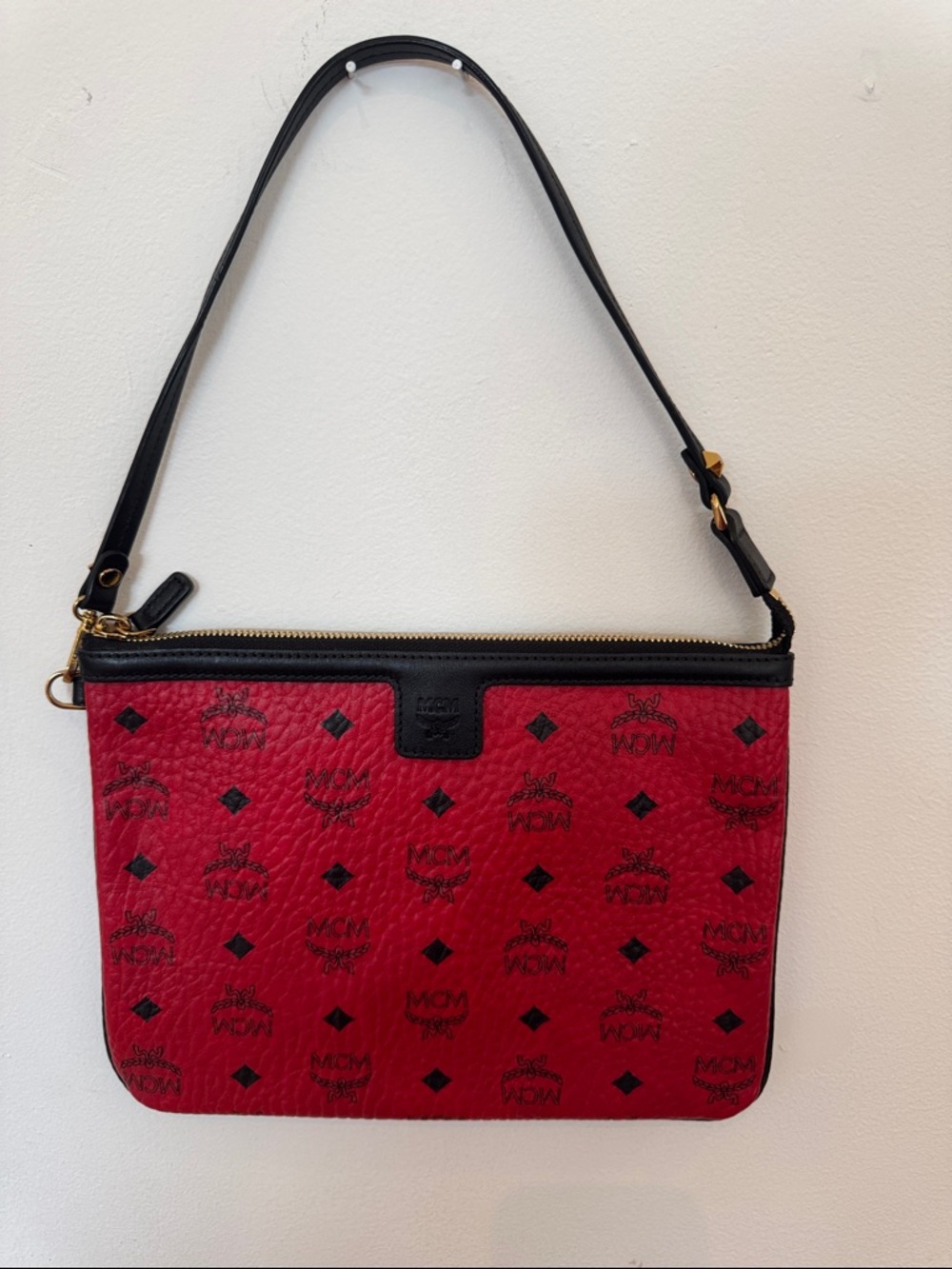 MCM Red Visetos Shoulder Bag with Black Trim and Strap